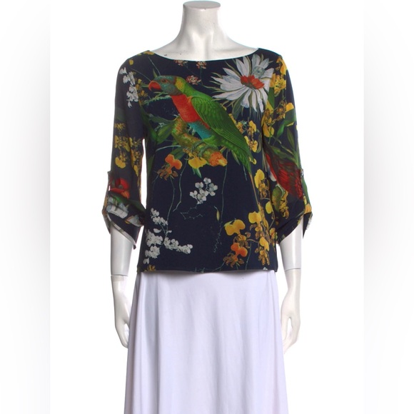 Alice + Olivia Tops - Alice & Olivia Silk Floral Parrot Bird Tropical Print Navy Women's Blouse Top